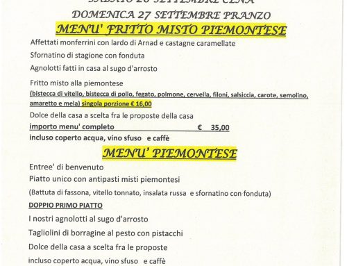 FRITTO MISTO ALLA PIEMONTESE !!!  MENU’ PROPOSTO PER SABATO 26 SETTEMBRE  CENA E DOMENICA 27 SETTEMBRE  PRANZO