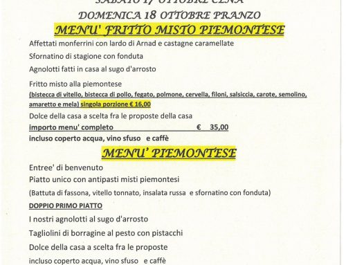FRITTO MISTO ALLA PIEMONTESE !!!  MENU’ PROPOSTO PER SABATO 17 OTTOBRE  CENA E DOMENICA 18 OTTOBRE  PRANZO